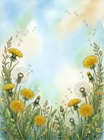 Watercolor dandelion meadow with yellow blooms, white seed heads, and flying seeds on a soft pastel sky background with copy space.