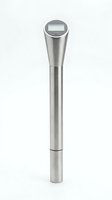 Solar-powered stainless steel garden stake light with round top and display window, isolated on white background for outdoor landscaping and pathway lighting design use.