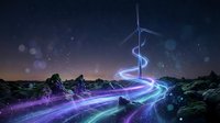 Glowing neon light trails spiral around a wind turbine under a starry night sky, symbolizing clean energy and future technology.