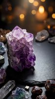 Amethyst crystal cluster surrounded by gemstones on dark slate with warm bokeh lights, evoking healing energy and spiritual wellness.