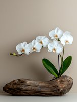 White orchid flowers growing in natural driftwood against neutral background, minimalist floral arrangement showcasing organic shapes and textures.