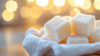 White sugar cubes arranged in ceramic bowl with warm golden bokeh lights creating cozy atmosphere for coffee tea service and sweet treats.