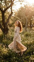 Young woman with long curly red hair dancing in flowing floral dress during golden hour sunset in natural garden setting with warm sunlight filtering through trees.