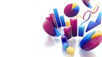 Colorful 3D business charts and graphs with pie charts, bar graphs and statistical elements on white background for financial data visualization.