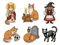 Anthropomorphic cats dressed in vintage clothing and Halloween costumes, including a saint with halo and candle, witch in traditional dress, and skeleton cat. Isolated clipart set for design projects.
