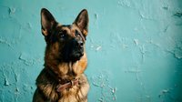 German Shepherd dog portrait with leather collar against turquoise peeling paint wall background for pet photography and animal themed designs.
