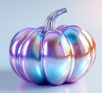 Holographic iridescent pumpkin with metallic rainbow surface reflecting pink, blue, and purple colors on light background, modern autumn decoration.
