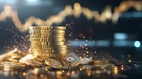 Golden stacked coins with glowing sparkles against blurred stock market chart background, symbolizing financial growth and investment success.
