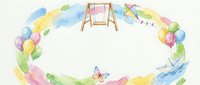 Watercolor playground frame with colorful balloons, swing set and butterfly on white background. Isolated design element for children party invitations.