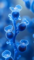 Glowing blue underwater plant with delicate bubble-like formations and crystalline spheres creates magical marine atmosphere. Macro photography reveals intricate details.