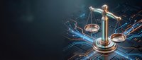 Digital justice scales with glowing circuit patterns and blue light effects on dark background for legal technology and law firm presentations.