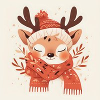 Cute reindeer wearing knitted winter hat and scarf in coral pink tones, with closed eyes and gentle smile, decorated with seasonal foliage and sparkles.