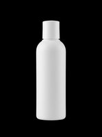 White plastic cosmetic bottle with screw cap, isolated on transparent background. Ready for t-shirt design, stickers, print on demand, sublimation, and product mockups.