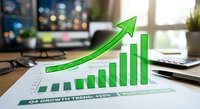 Green growth chart with upward arrow on business report showing financial success and profit increase trends on office desk with laptop and documents.