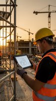 Construction engineer using tablet computer reviewing building plans at sunset worksite with cranes and scaffolding for project management and safety inspection.