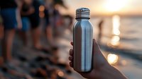 Reusable stainless steel water bottle held by hand at beach sunset with people and ocean in background, promoting hydration and eco-friendly lifestyle.