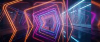 Futuristic neon tunnel with glowing geometric shapes and vibrant electric colors creating depth perspective for modern digital backgrounds.