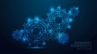 Futuristic blue glowing gear mechanisms with digital network connections on dark background for technology and engineering concepts.