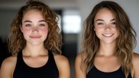 Young Caucasian women with natural wavy hair and bright smiles wearing black tank tops pose against dark background in lifestyle portrait showing confidence and joy.