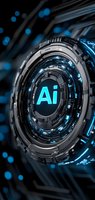 Futuristic mechanical lens with glowing blue AI symbol against dark background, featuring circular technological elements and digital interface patterns.