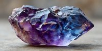 Raw amethyst crystal with purple and blue hues displaying natural facets and translucent properties on neutral background.