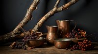 Rustic copper cookware set with dried berries and natural wood branches on dark background for kitchen and culinary design projects.