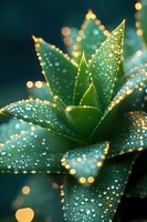 Fresh succulent plant with water drops on green leaves captured in morning light with golden bokeh effect creating magical natural atmosphere.