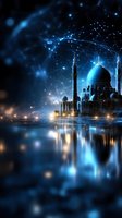 Mystical mosque with glowing blue dome and minarets reflected in water at night, surrounded by magical light effects and constellation network patterns.