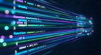 Programming code lines streaming with neon blue and purple light effects on dark background for software development and technology projects.