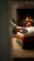 Woman's hand resting on stack of cozy knit sweaters by fireplace. Warm autumn and winter home comfort scene with crackling fire in background.