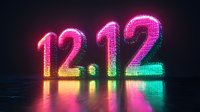 Glowing neon numbers 12:12 with colorful gradient from pink to green reflecting on dark surface, digital time display with modern lighting effect.