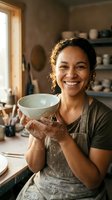 Young woman of mixed ethnicity, potter and ceramicist, proudly displaying handcrafted ceramic bowl in studio workshop with clay-covered hands and apron, surrounded by pottery tools and shelves of finished pieces.