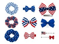 Patriotic hair accessories collection featuring decorative bows and scrunchies in red, white and blue stars and stripes patterns, isolated on white background for design projects.