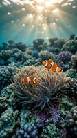 Clownfish swimming among sea anemone in vibrant coral reef ecosystem with sunlight filtering through ocean water, suitable for marine life, nature, and aquatic environment projects.