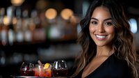 Young Hispanic woman bartender with bright smile holding cocktail tray in dimly lit upscale bar setting with bokeh lights and elegant drinks.