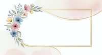 Watercolor floral arrangement with pastel pink, blue, and yellow flowers in corner frame with gold border lines on soft background.