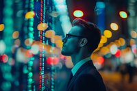 Young Caucasian businessman in glasses and suit against vibrant night city lights with colorful bokeh effect, side profile portrait capturing urban nightlife atmosphere.