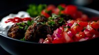 Grilled meatballs served with fresh tomato salsa, red onions, and herbs in black ceramic bowl. Traditional Mediterranean cuisine with vibrant colors and textures.