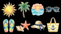 Bright sun with golden rays, tropical palm tree, sunset over ocean waves, blue sunglasses, colorful flip-flops, red starfish, straw hat with blue ribbon, and yellow beach tote bag with anchor. Isolated on transparent background, ready for t-shirts, clipart, stickers, print-on-demand, and sublimation designs.