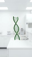 Green DNA double helix structure floating above laboratory table in modern research facility for genetic science and biotechnology studies.