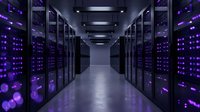 Modern data center server room with purple LED lighting and rows of server racks creating symmetrical corridor for technology and cloud computing concepts.