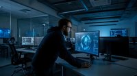 Cybersecurity analyst examining holographic brain scan data on futuristic computer interface in high-tech control room environment.