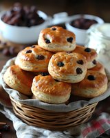 Fresh baked scones with raisins piled in woven basket, golden brown pastries on linen napkin, close up view of homemade breakfast treats with glossy tops.