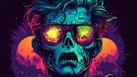 Vibrant neon skull wearing reflective sunglasses against purple and orange gradient background, featuring colorful hair and dramatic lighting effects for modern apparel design.
