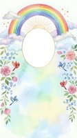 Watercolor rainbow frame with flowers and clouds surrounding blank oval space for text or photos on pastel background for greeting cards and invitations.