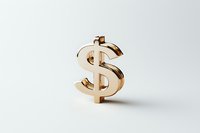 Golden dollar sign symbol on white background, minimalist financial concept with soft shadow effect, isolated object for business and economic designs.