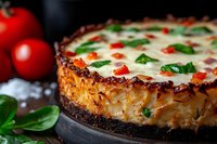 Savory pasta pie with melted cheese, red peppers and fresh basil leaves on dark background. Close up view of homemade Italian baked dish garnished with tomatoes.