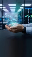 Businessman hands holding holographic cybersecurity shield with trust icons and digital locks in modern data center for technology protection concepts.