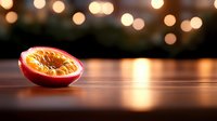 Fresh passion fruit cut in half on wooden surface with warm bokeh lights in background creating cozy atmosphere. Food photography with selective focus.