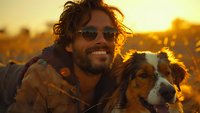 Mixed race man with curly hair and sunglasses smiling alongside Australian shepherd dog during golden hour sunset, creating warm atmospheric outdoor portrait with natural backlight.